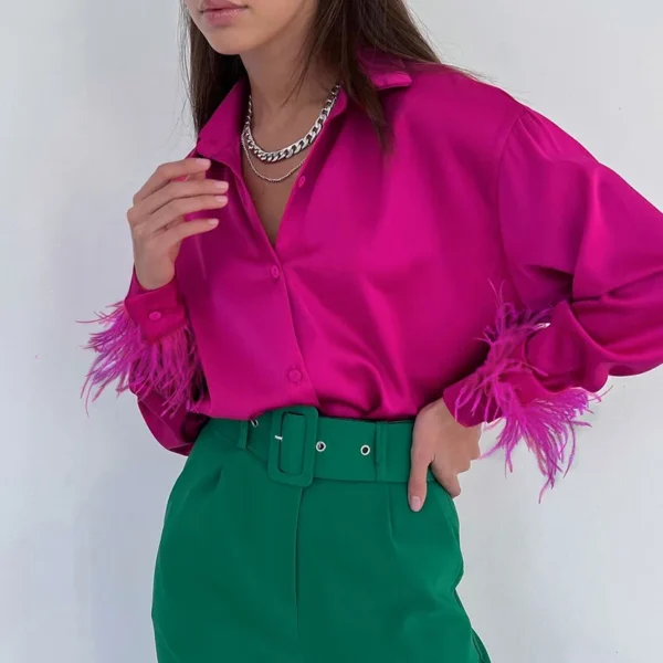 Long Sleeves Loose Blouses Office Lady Satin Turn Down Collar Tops - Image 5