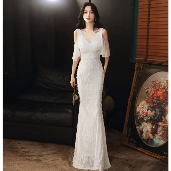 White Engagement Temperament Sweet Fishtail Evening Dress - Image 5