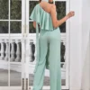 Halter Slim Short-sleeved Off-the-shoulder Irregular Casual Long Straight Jumpsuit