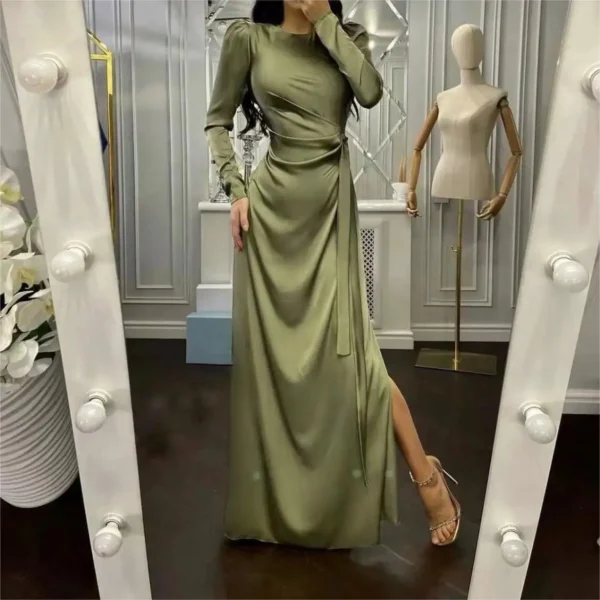 Drawstring Waist Slim Irregular Slit Solid Color Long Sleeve Elegant Dresses - Image 4