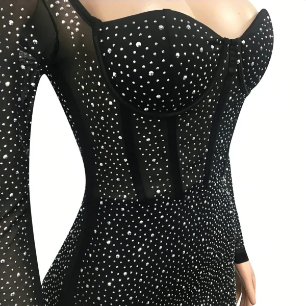 Luxury Rhinestone Slash Neck High Waist Lady Sparkly Mini Pencil Dresses - Image 4