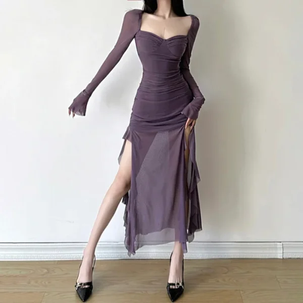 High Waist Fashion Square Neck Long Sleeve Mesh Split Women's Dresses - Image 7