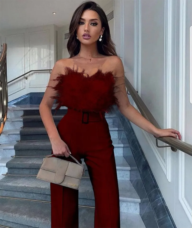 Strapless Feather Playsuit High Waist Romper Jumpsuit - Image 4