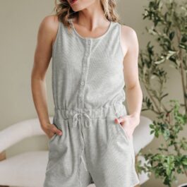 Light Grey Waffle Knit Sleeveless Buttoned Front Drawstring Waist Romper