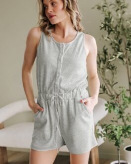 Light Grey Waffle Knit Sleeveless Buttoned Front Drawstring Waist Romper