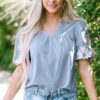 Beau Blue Floral Embroidered Puff Sleeve Split Neck Blouse