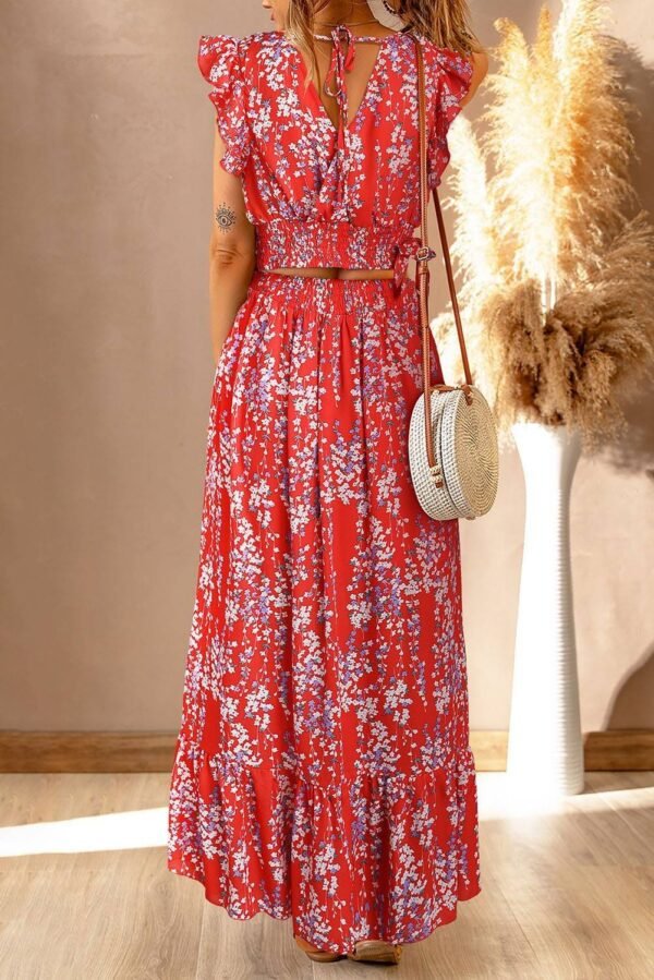Black Multicolor Floral Ruffled Crop Top and Maxi Skirt Set - Image 5