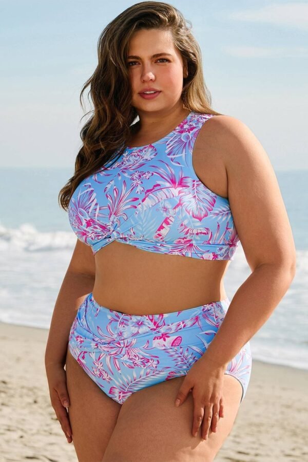 Sky Blue Plus Size Floral Print Twisted High Waist Bikini Set - Image 3