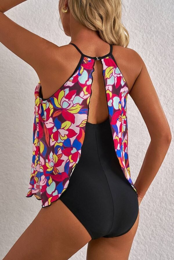 Purple Floral Print O Neck Open Back One Piece Swimsuit - Image 2