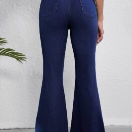 Dusk Blue Solid Crossed Waist High Elastic Fit Flare Knit Jeans