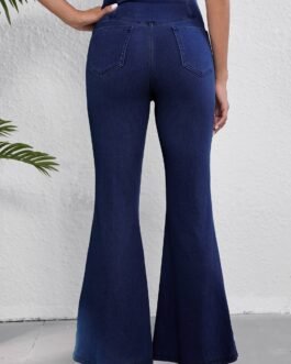 Dusk Blue Solid Crossed Waist High Elastic Fit Flare Knit Jeans
