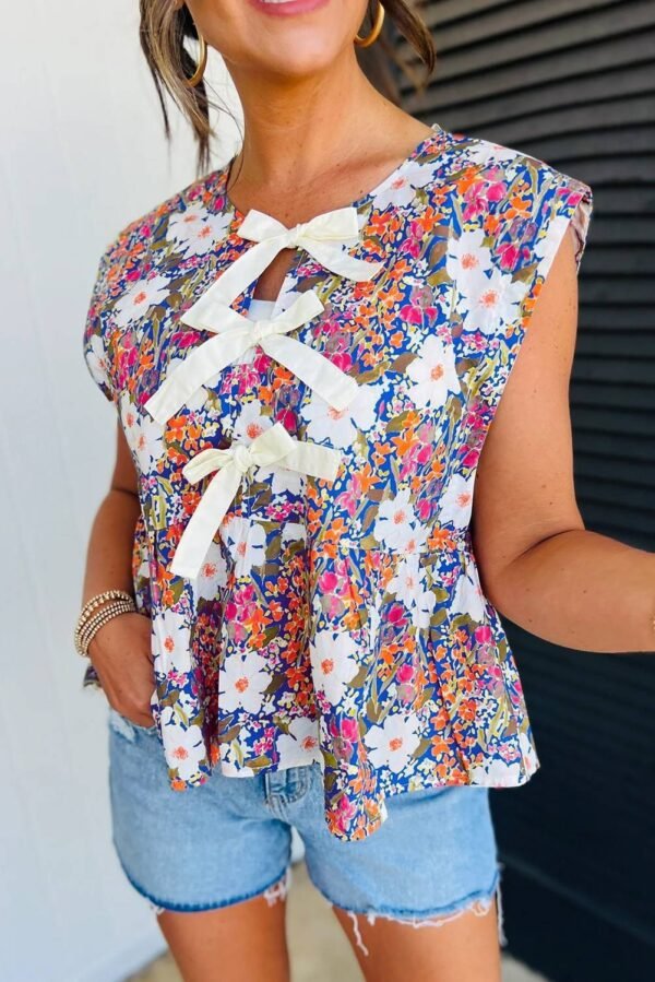 Green Floral Print Bow Applique Slit Sleeveless Peplum Blouse - Image 6