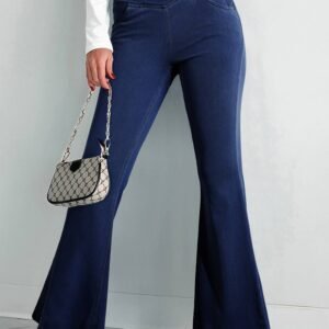 Dusk Blue Solid Crossed Waist High Elastic Fit Flare Knit Jeans