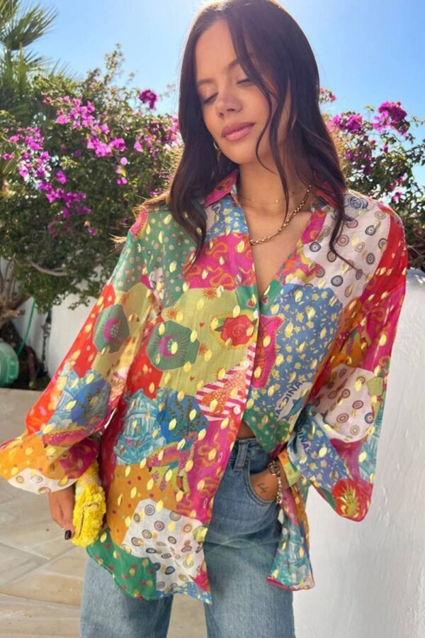 Rose Red Colorblock Abstract Print Button up Loose Shirt - Image 2