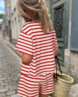 Red Stripe Lace-up Front Top and High Waist Shorts Set