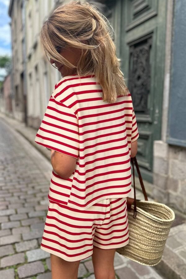 Red Stripe Lace-up Front Top and High Waist Shorts Set - Image 2