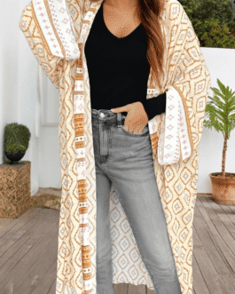 Yellow Bohemian Geometric Printed Loose Sleeve Long Kimono