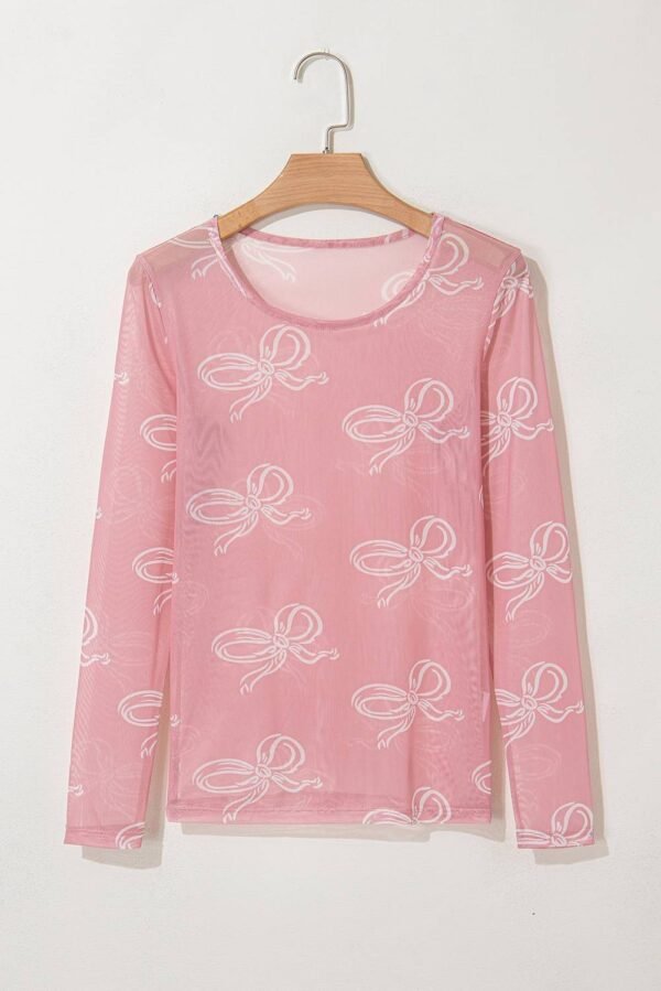 Black Round Neck Bow Print Long Sleeve Mesh Top - Image 6