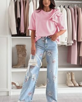 Pink Bow Applique Half Sleeve T-shirt