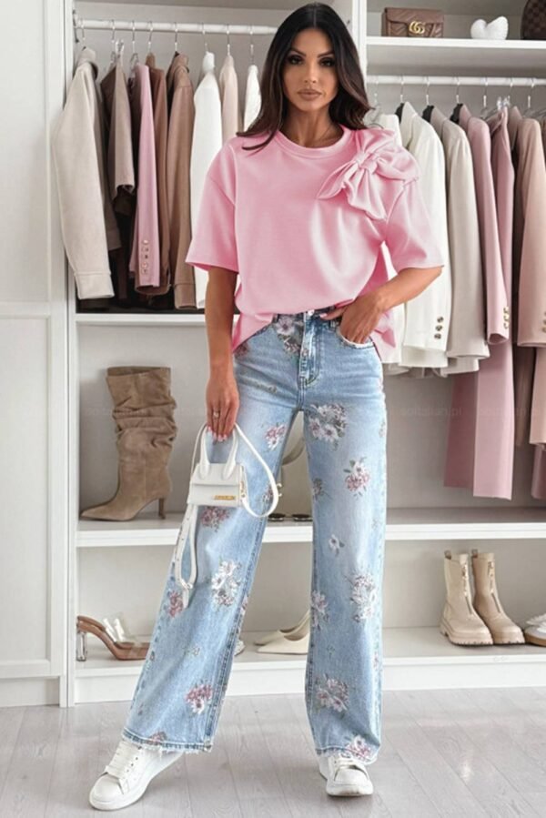 Pink Bow Applique Half Sleeve T-shirt - Image 2