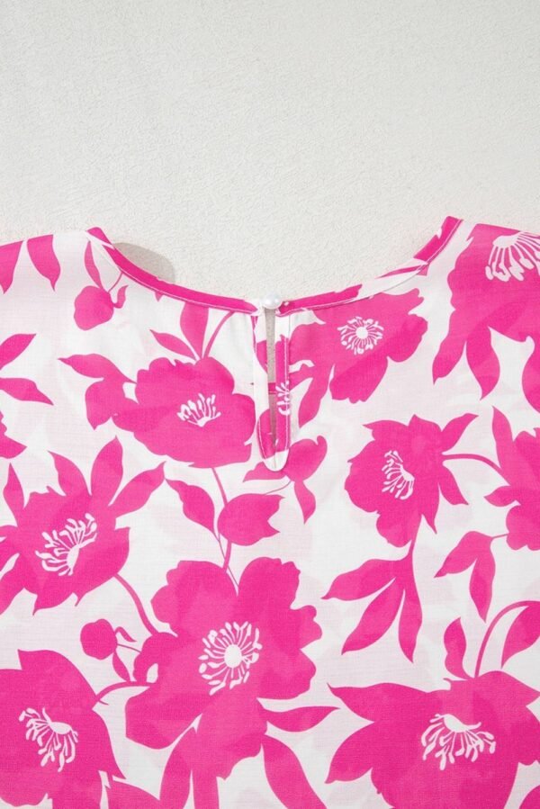 Pink Floral Printed Ruffled Short Sleeve Round Neck Loose Blouse - Image 8