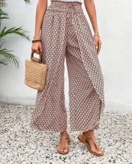 Red Bohemian Print Slit Wide Leg Smocked High Waist Pants
