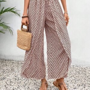 Red Bohemian Print Slit Wide Leg Smocked High Waist Pants