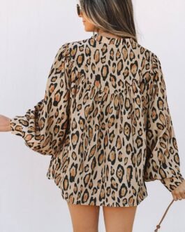Light French Beige Oversized Leopard Print Balloon Sleeve Casual Shirt