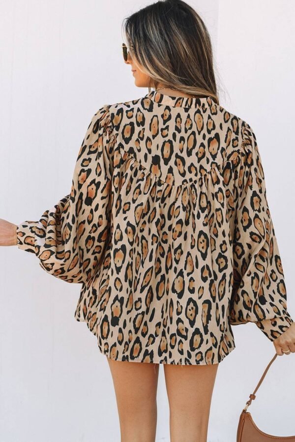 Light French Beige Oversized Leopard Print Balloon Sleeve Casual Shirt - Image 2