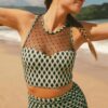 Green Dotted Mesh Plaid Patchwork High Waisted Bikini
