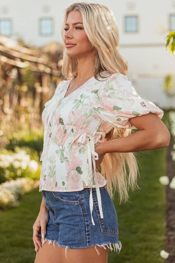 Pink Floral Puff Sleeve V Neck Tied Front Peplum Blouse - Image 3