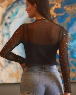 Black Rhinestone Sheer Mesh Slim Fit Long Sleeve Top