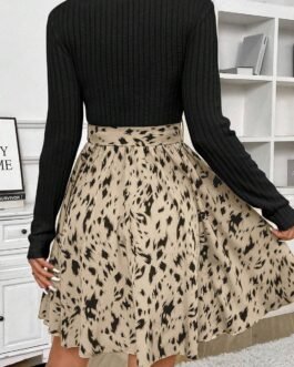 Black Ribbed Knit Patchwork Printed Belted A-line Dress