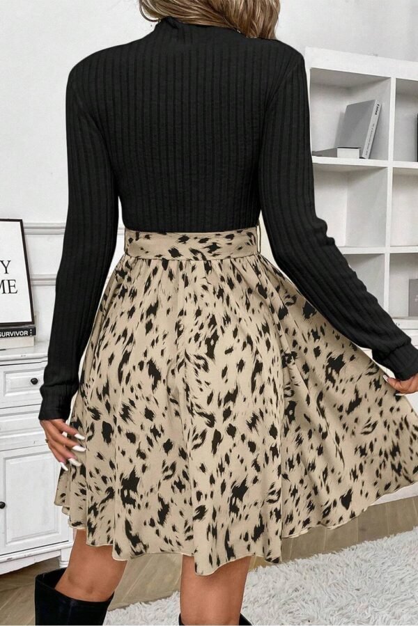 Black Ribbed Knit Patchwork Printed Belted A-line Dress - Image 2