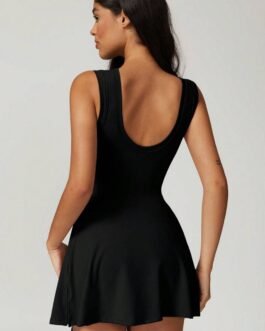 Black Sleeveless Knot Skirt Hem Sports Romper