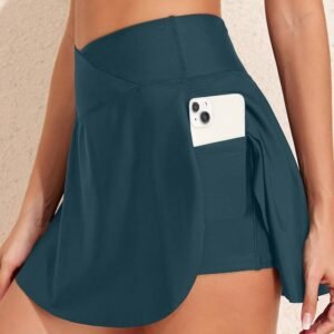 Sea Green Solid Pocketed Crossover High Waist Swim Skort