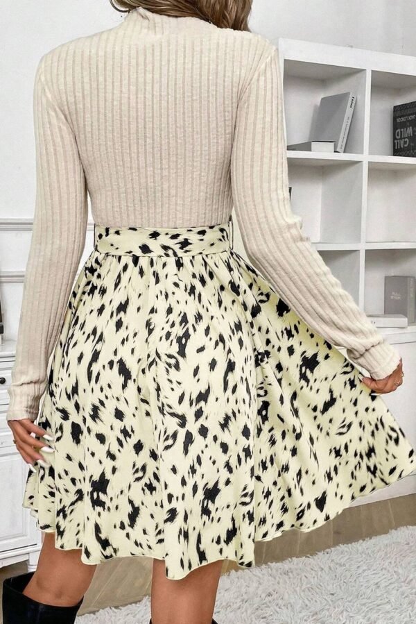 Black Ribbed Knit Patchwork Printed Belted A-line Dress - Image 5