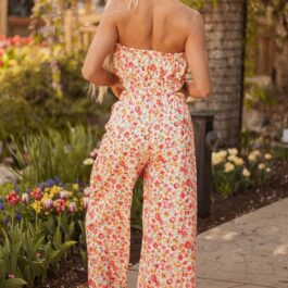 Pink Boho Floral Bandeau Top and High Waist Wide Leg Pants Set