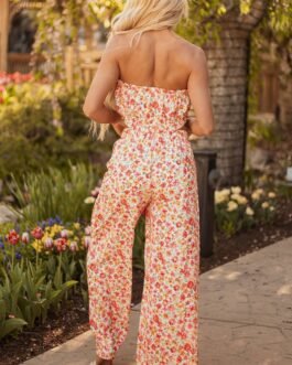 Pink Boho Floral Bandeau Top and High Waist Wide Leg Pants Set