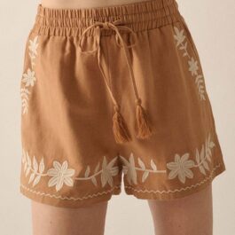 Khaki Embroidered Boho Tasseled Drawstring Elastic Waist Casual shorts