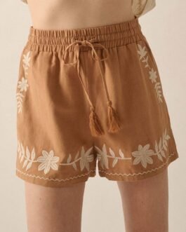 Khaki Embroidered Boho Tasseled Drawstring Elastic Waist Casual shorts