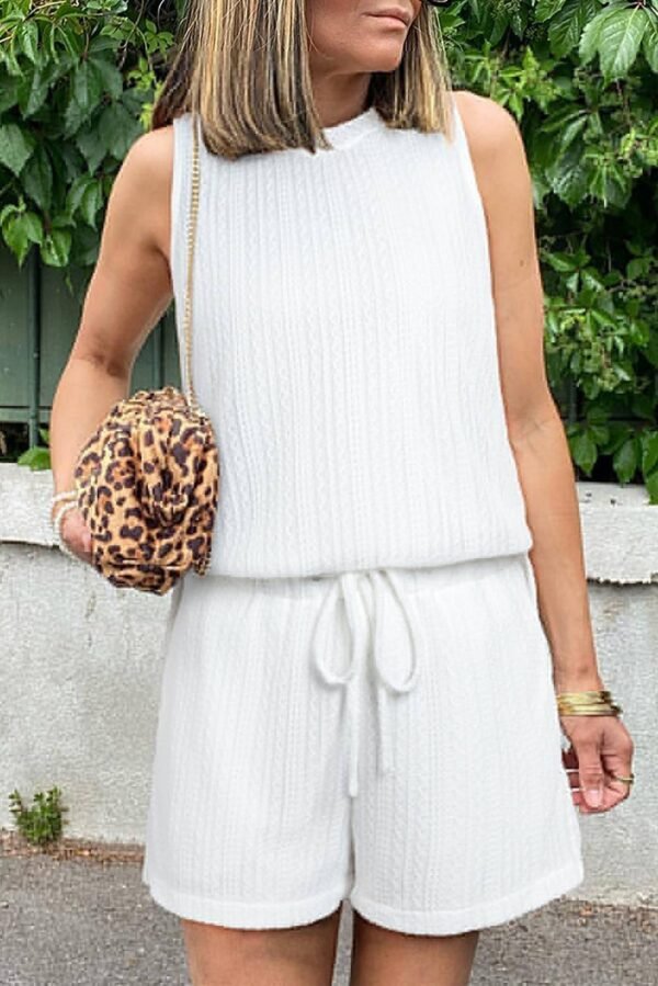 Beige Textured Knit Tank Top and Drawstring Shorts Set - Image 7