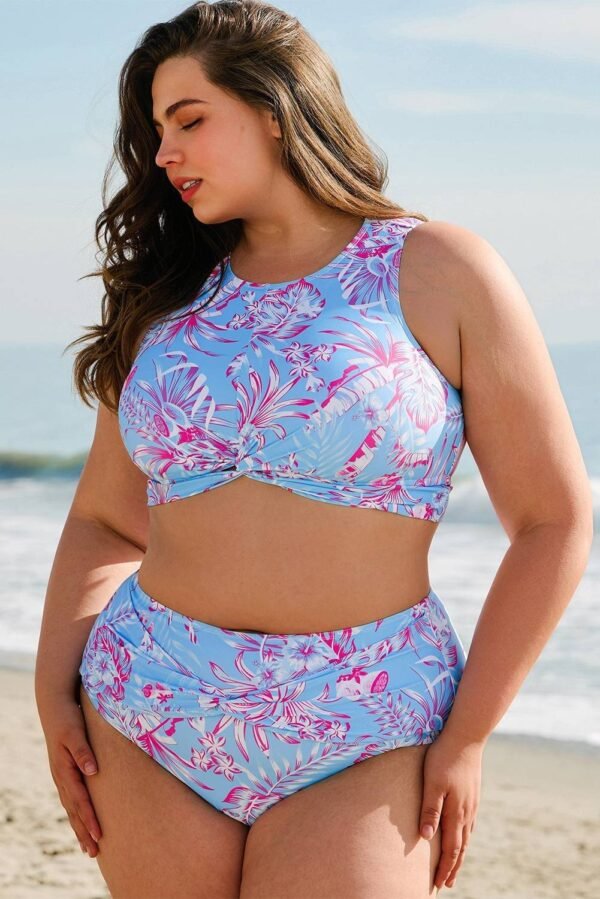 Sky Blue Plus Size Floral Print Twisted High Waist Bikini Set - Image 4
