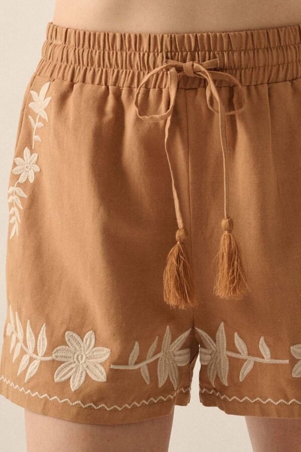 Khaki Embroidered Boho Tasseled Drawstring Elastic Waist Casual shorts - Image 4
