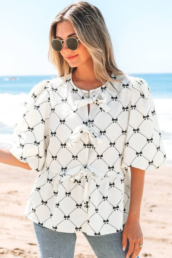 White Bowknot Print Front Knots Bubble Sleeve Blouse - Image 4