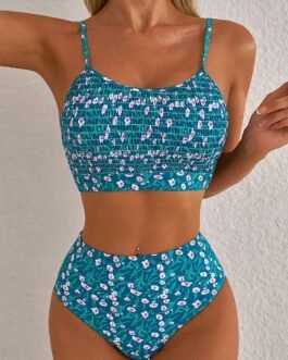 Blue Floral Print Smocked Cute Bikini Set