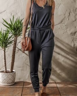 Black Casual Tank Style Tie Waist Pocketed Jogger Jumpsuit