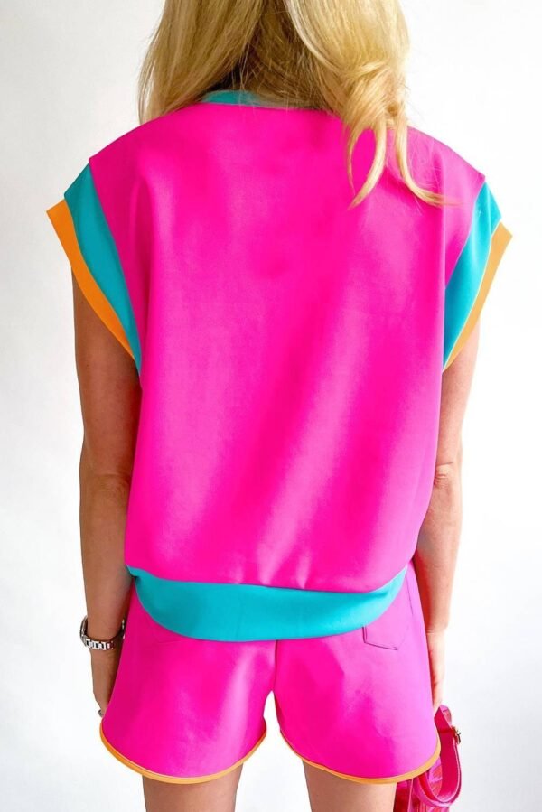 Blue Contrast Trim Cap Sleeve Tee Shorts Set - Image 11