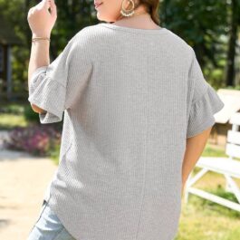 Light Grey Lace Insert Waffle Ruffle Short Sleeve Plus Size Top
