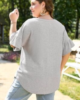 Light Grey Lace Insert Waffle Ruffle Short Sleeve Plus Size Top